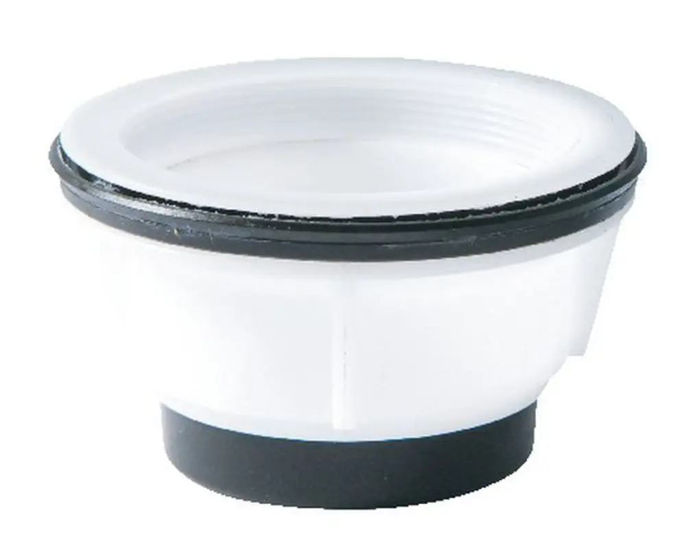 Syr Produkt mit runder Form und schwarzem Dichtungsring, möglicherweise für eine Pumpen- oder Sauganwendung. Weißer Kunststoffkörper mit Innengewinde.